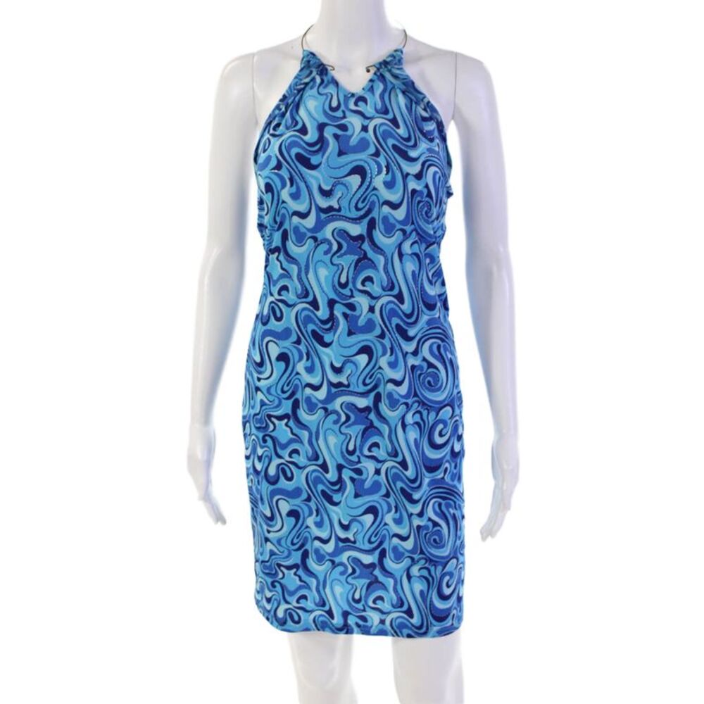 Designer Womens Abstract Print Sleeveless Halter Neck Mini Dress Blue Size S